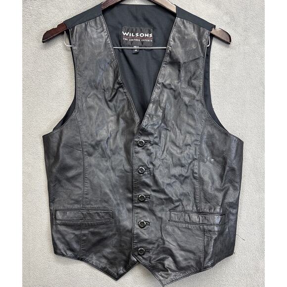 Wilsons Black Leather Button Front Medium Vest Wedding Biker Great Shape - Picture 1 of 11